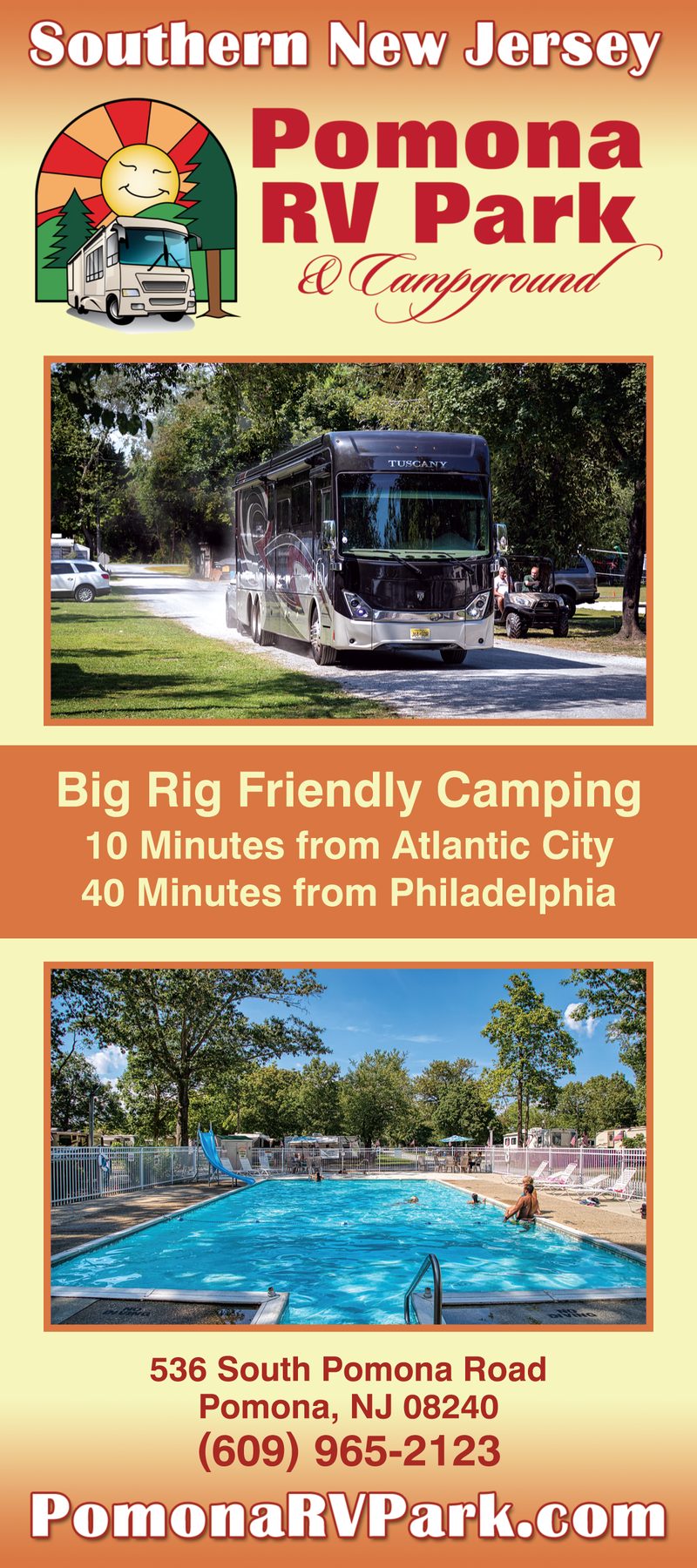 Pomona RV Park rack card, 2026